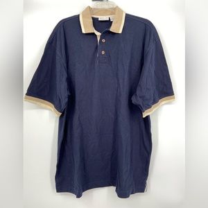 White Mountain Traders, Navy Polo shirt w/ beige+cream band at arm +neck sz 2XLT